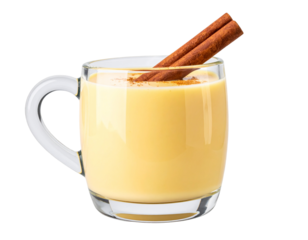 Classic Festive Eggnog with Cinnamon Stick, Steaming in Glass Mug, Isolated on Transparent Background