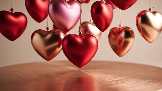 Multiple shiny red and rose gold heartshaped ornaments hang above a reflective circular metallic surface