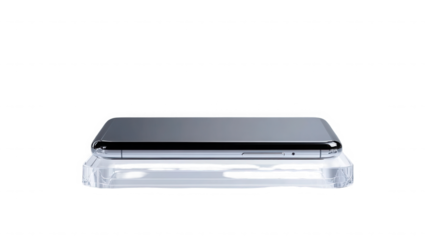 Modern smartphone displayed on a clear plastic stand showcasing sleek design and advanced technology on transparent background. on transparent background