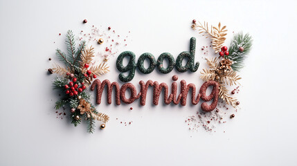 Good Morning Text Made of Red and Green Christmas Wool on White