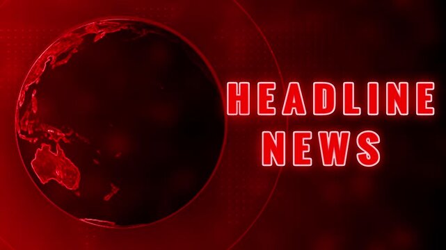 A red digital globe with illuminated continents is featured on the left, with the word HEADLINE in bold red neon letters and the letter N below it, against a dark, textured red background