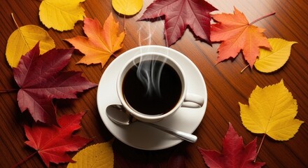 Steaming black coffee in a white cup with vibrant red orange and yellow autumn leaves scattered on a polished dark wood table capturing a cozy fall morning