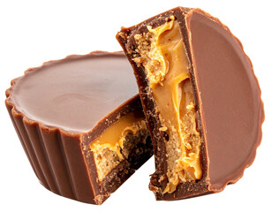 Close-Up of Milk Chocolate Peanut Butter Cup, Cut and Isolated on Transparent Background