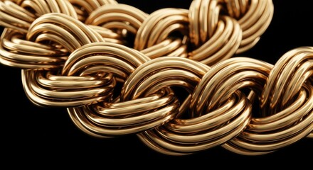 Thick golden metal chain close up with intertwined shiny links reflecting light on a dark background, showcasing luxury and valuable material.