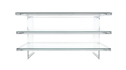 Elegant clear acrylic three tier shelf unit standing on metal legs against a white background on transparent background