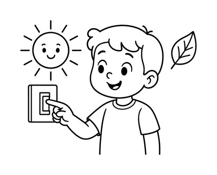 Energy Saving Kids. Saving energy children?s coloring book illustration, outlined drawing, child turning off a light switch with a sun and leaf