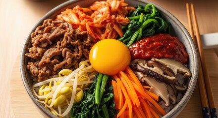 Traditional Korean Bibimbap dish featuring a colorful arrangement of fresh vegetables seasoned meat and a golden egg yolk served with chopsticks