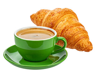 Delicious Fresh Croissant and Green Coffee Cup with Saucer, Horizontal Layout, Isolated on Transparent Background