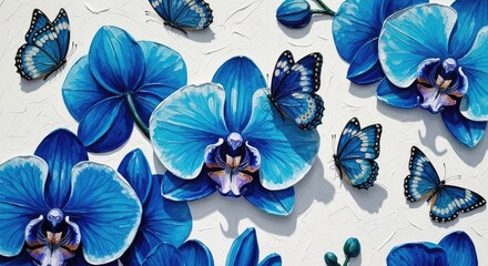 Vibrant blue moth orchids and delicate butterflies arranged beautifully on a bright white textured surface creating a serene and captivating floral composition