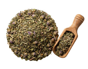 Dry Organic CBD Tea Leaves Pile with Measuring Scoop, Top-Down, Textured Surface, Transparent Background