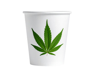 Eco-Friendly White Paper Cup with Hemp Cannabis Leaf Logo, Front View, Isolated on Transparent Background