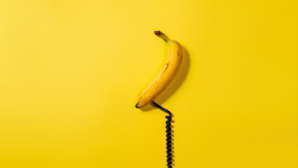 A ripe yellow banana perches whimsically atop a coiled black telephone cord on a uniform yellow background, blending surreal humor with vibrant minimalism.
