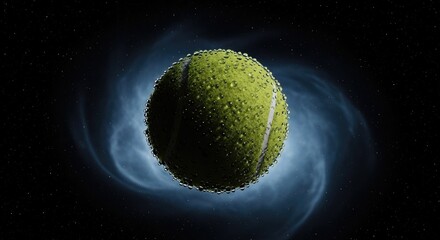 'Vibrant yellow tennis ball covered in glistening water droplets against a dark starry cosmic background with a swirling blue energy effect'