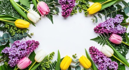 Vibrant spring floral frame with pink yellow white tulips purple lilac and lush green foliage arranged on a pristine white background offering generous copy space for text or messages