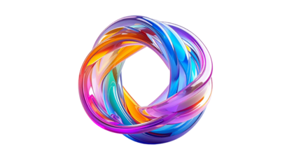 Colorful, glassy, abstract loop against black. Twisting ribbons of color