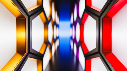 Futuristic Hexagon Tunnel Background with Vibrant Neon Light and Bokeh Effect