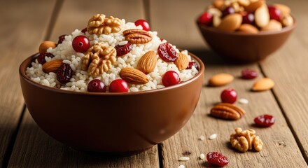 Wholesome bowl of fluffy white rice topped with crunchy walnuts almonds pecans and sweet dried cranberries on rustic wooden table