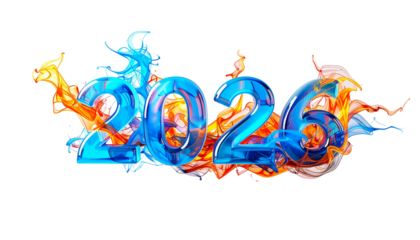 Numbers "2026" sculpted in blue glass with fiery orange and blue effects