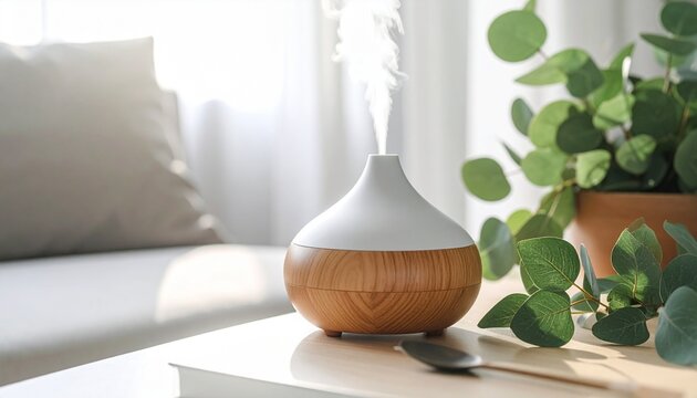 Aromatherapy Diffuser with Eucalyptus Plant and Natural Light in a Cozy Interior.