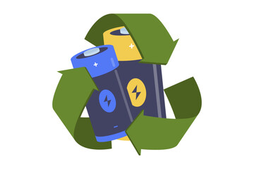 Illustration of Recycling Process of Lithium Ion Batteries for Sustainable Technology. Illustration of lithium batteries with a green recycling symbol, highlighting the importance of battery disposal