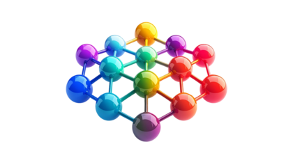 Colorful glossy interconnected spheres forming a three-dimensional geometric structure