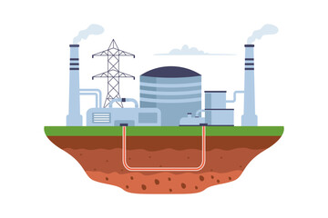 Illustration of Geothermal Power Plant Illustration Representing Renewable Heat Energy. A flat design illustration showing a geothermal power station extracting heat from the earth's core