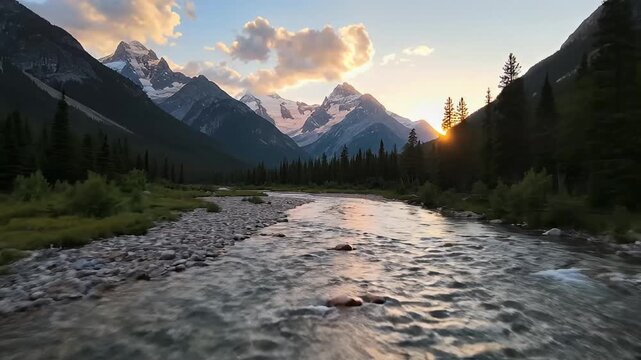 Experience the breathtaking tranquility of a pristine mountain landscape at golden hour. This stunning wide shot captures a majestic river flowing gracefully through a vast valley, flanked by dense ev