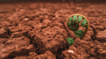 Fiddlehead Fern Sprout Growing in Dry Cracked Red Earth Symbolizing Resilience and New Life