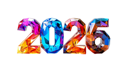 Faceted colorful numbers 2026 glitter on black background