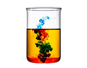 Glass Beaker with Rainbow Colors Mixing, Side View, Isolated on Transparent Background