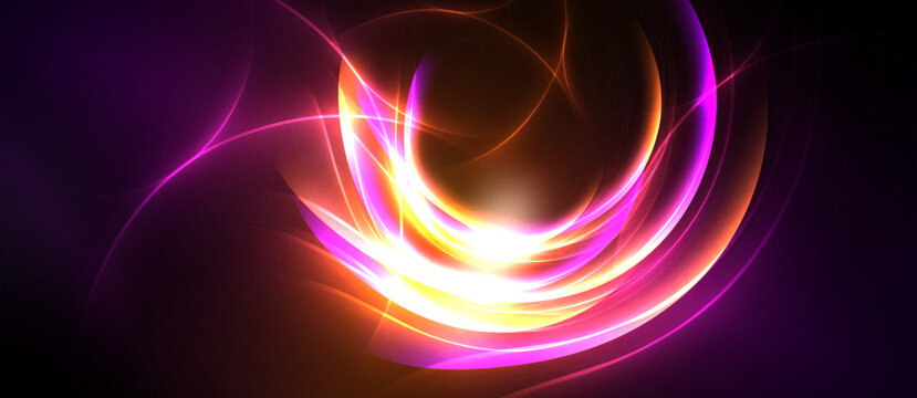 Abstract swirls, vibrant colors, luminous energy radiate from central point. Purple, pink, orange hues blend seamlessly. Dramatic lighting creates depth.