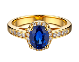 Gold Ring with Large Sapphire Set into the Top, 34 View, Isolated on Transparent Background