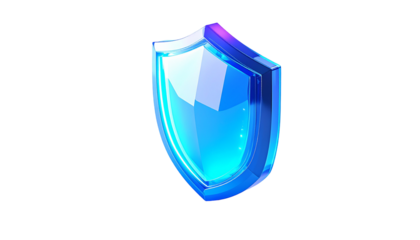 Glossy, transparent blue shield, angled, with highlights, on black background