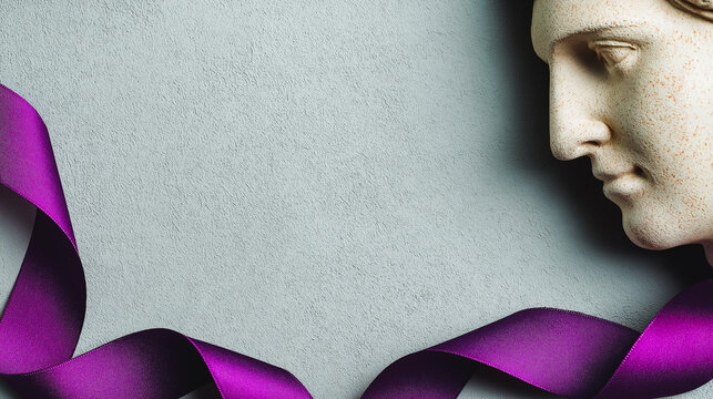 Elegant Still Life: Ancient Marble Sculpture Profile and Purple Silk Ribbon - Powered by Adobe
