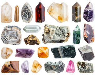 Hand-Picked Collection of Colorful Stones, Close-Up View, Isolated on Transparent Background