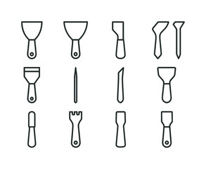 Sharp Tool Icons. Sharp tools. Line icon set of Sharp tools: putty knife, paint scraper, gasket scraper, caulk removal tool, blade scraper, precision spatula,