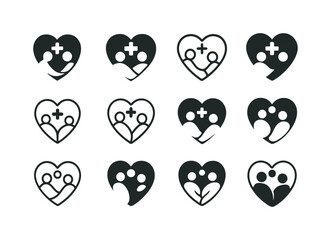 Elderly Care Icons. Elderly Care and Senior Living. Icon set. Set Logo of Elderly Care and Senior Living: heart with cross symbol. harmonious logo variations
