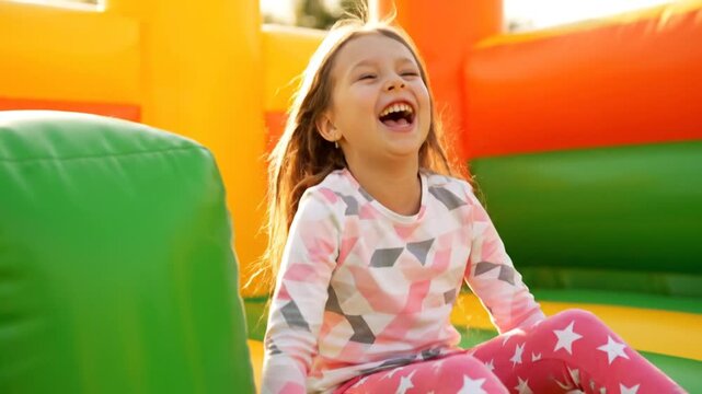 Joyful girls bounce house laughter