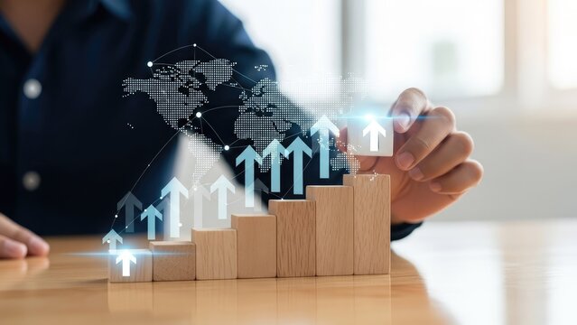 Businessman arranging wooden blocks with rising arrows and world map overlay. - Powered by Adobe