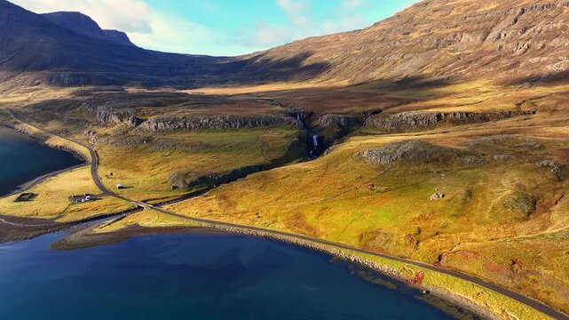 Aerial view of the Vestdalsfossar falls at Seydisfjordur fjord - Iceland