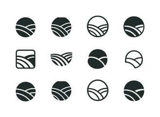 Harmonious Land Logos. Land. Icon set. Set Logo of land: rolling hills. harmonious logo variations of the same emblematic concept, each with different artistic
