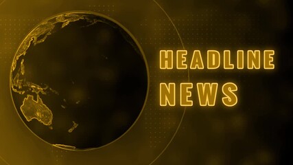 Illuminated digital model of planet Earth with golden continents and glowing yellow text HEADLINE and letters N and F against a dark gold abstract background with circular patterns and bokeh