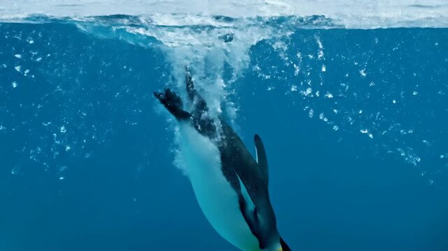 Penguin Diving from Ice Shelf into Ocean Underwater View