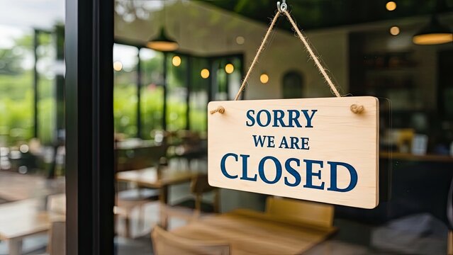Sorry We Are Closed sign hanging on a glass door of a cafe or restaurant.