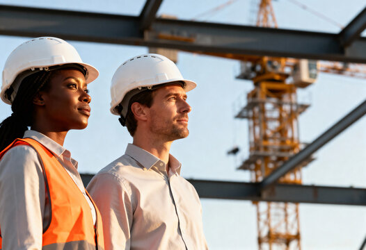 Diverse engineers in hard hats at a construction site. Man and woman collaborating on a building project. Teamwork and development in the construction industry - Powered by Adobe
