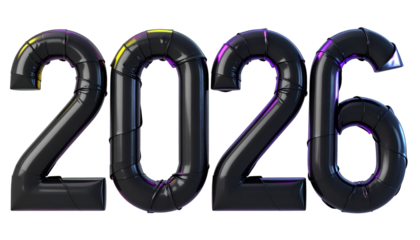 Glossy black 2026 number design, futuristic, on black backdrop