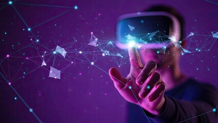 Man in VR headset interacting with glowing network in a futuristic purple environment.