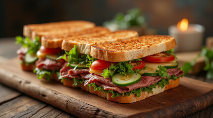 Gourmet sandwiches laid out on a simple wooden table