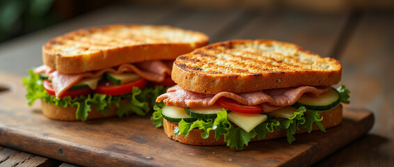Gourmet sandwiches laid out on a simple wooden table