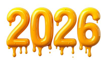 Glossy orange digits forming the year 2026, dripping on a black background